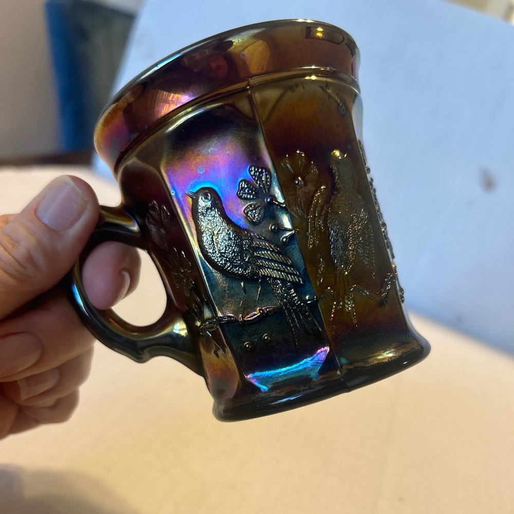 Northwood Amethyst Carnival Glass Mug Singing Birds Pattern N Marking Vntg Cup